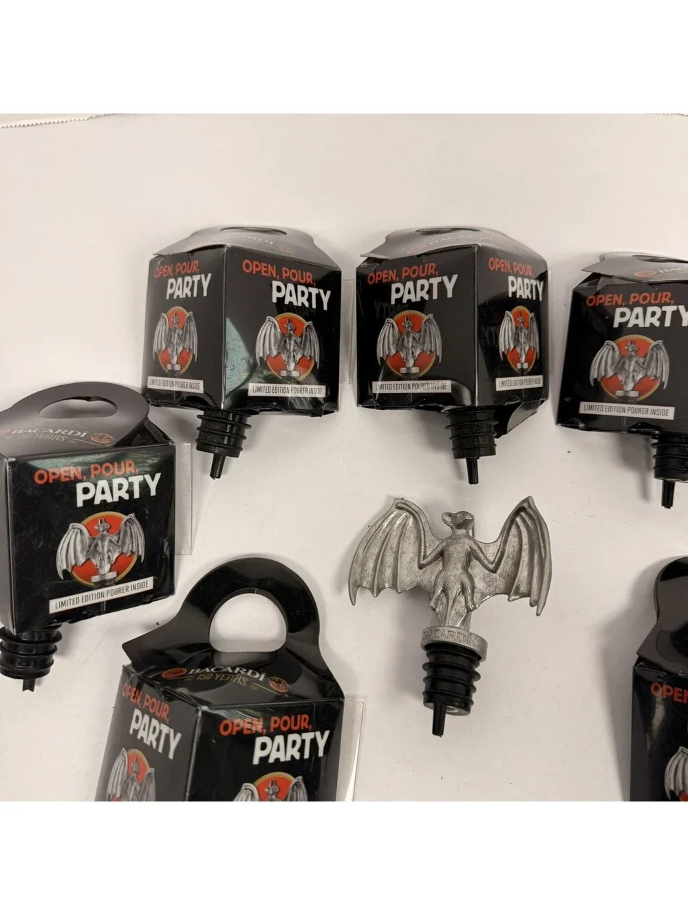 Lot Of 8 BRAND NEW 2012 Pewter BACARDI Rum Metal BAT POURER Liquor Spout Beware